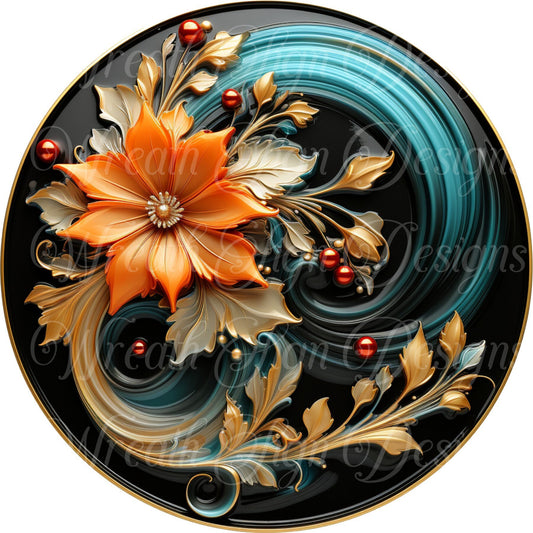 Fall theme, Fall flowers, black orange and teal sign for mesh flower center,  wreath sign, Sublimated metal wreath center, Round wreath sign