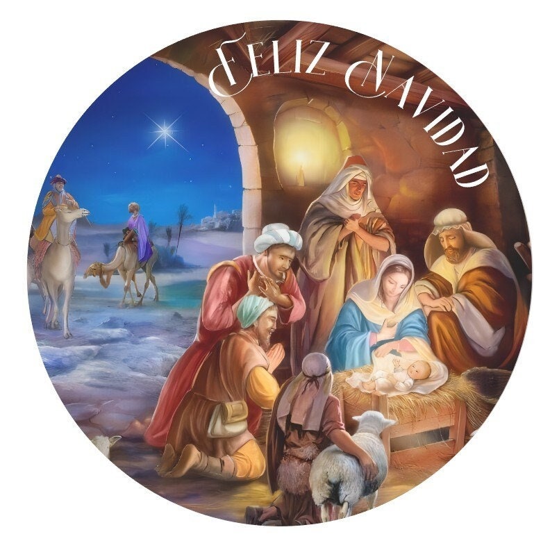 Baby Jesus Nativity scene round metal sign, Christmas sign, Winter wreath sign, wreath center, wreath attachment. Feliz Navidad
