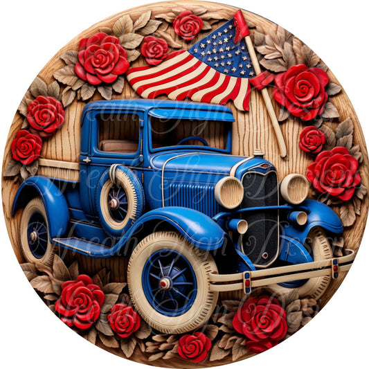 Patriotic vintage red car round metal sign, 4th of July sign, faux  patriotic 3d effect round sign, wreath sign, wreath center, wreath