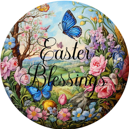 Easter blessings, Butterflies and Flower, Easter Eggs, round metal wreath sign, wreath center, wreath attachment