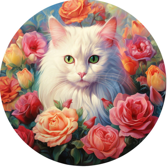 White Cat in a bed of roses metal sign, Kitten in roses  Round sign, Wreath attachment, Wreath center,