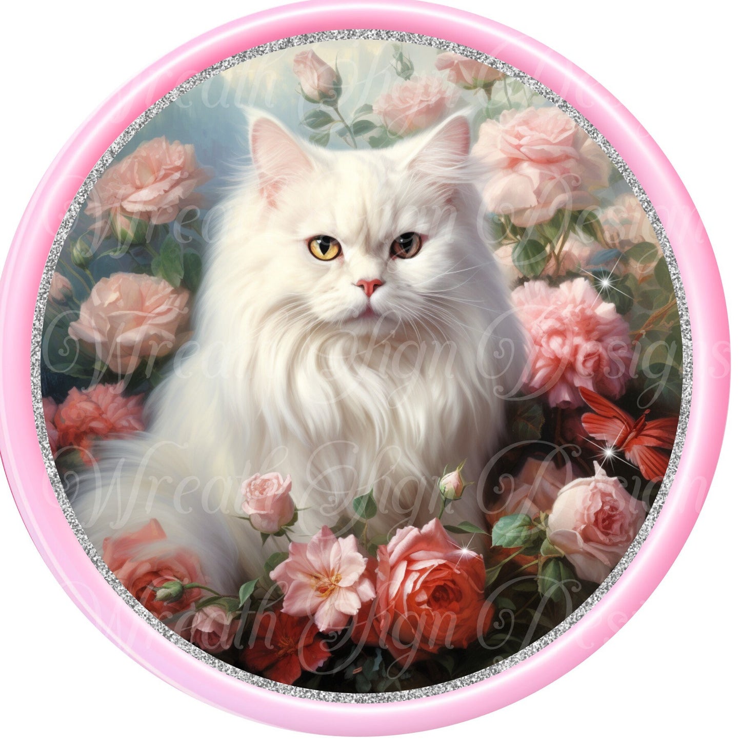 White Cat in a bed of roses metal sign, Kitten in roses  Round sign, Wreath attachment, Wreath center,