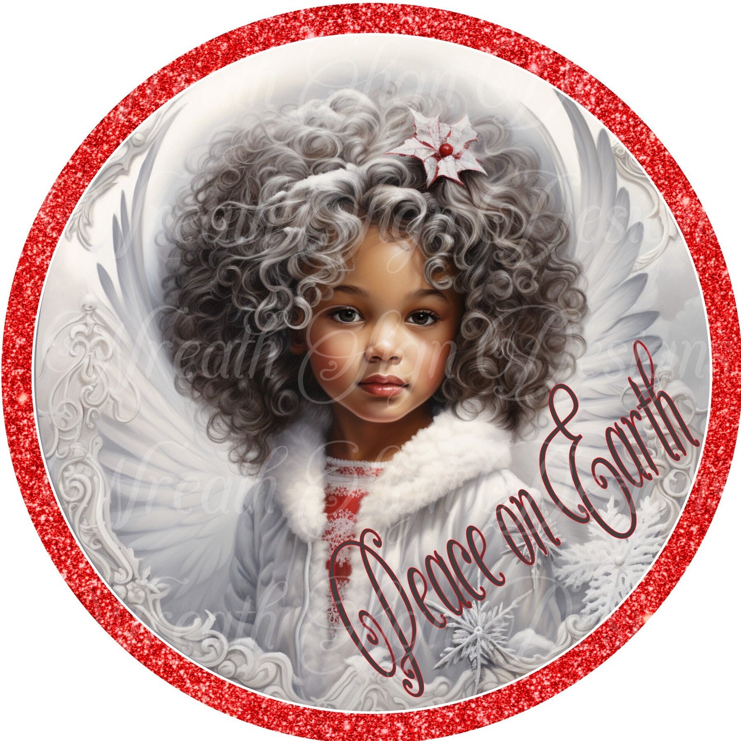 round metal sublimation wreath sign, Christmas, African American, Black  Angel, Melanin angel