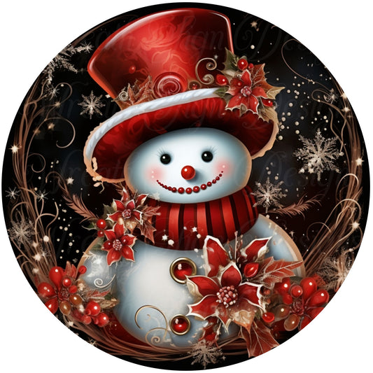 winter snowman, round metal wreath sign, red and black romantic snowman, poinsettias