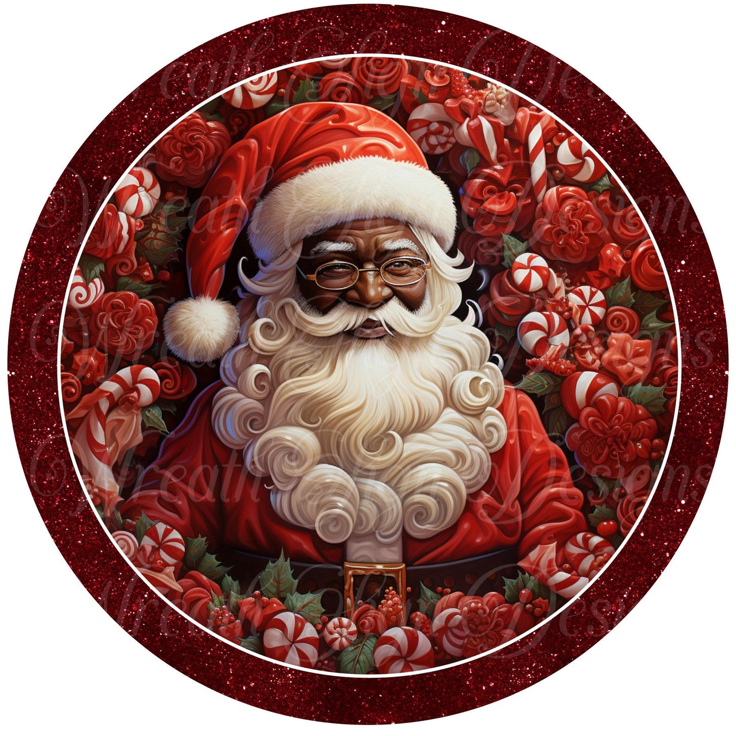 round metal sublimation wreath sign, African American, red glitter, Black Melanin Santa Claus, St. Nicholas, Father Time, Kris Kringle,