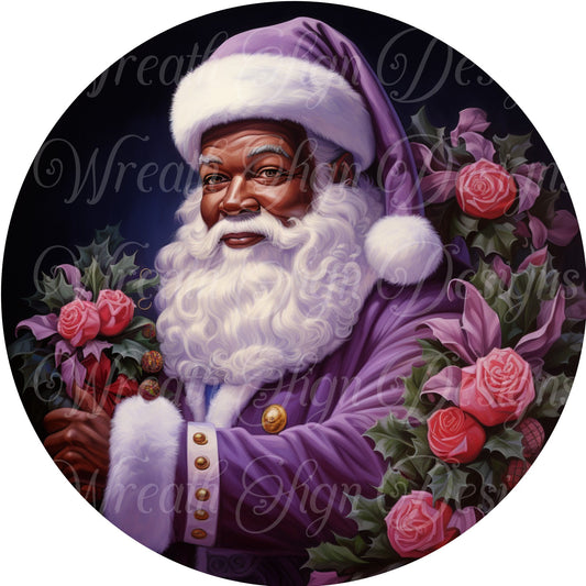 round metal sublimation wreath sign, black Santa Claus, Melanin Santa, purple Christmas sign, center, attachment