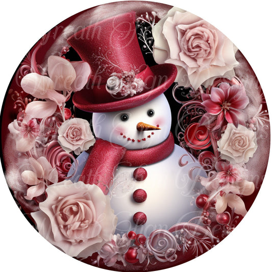 Christmas snowman sign winter sign, shades of pink Christmas, Wreath Sign, Wreath Center, Wreath Attachment,  round metal sign
