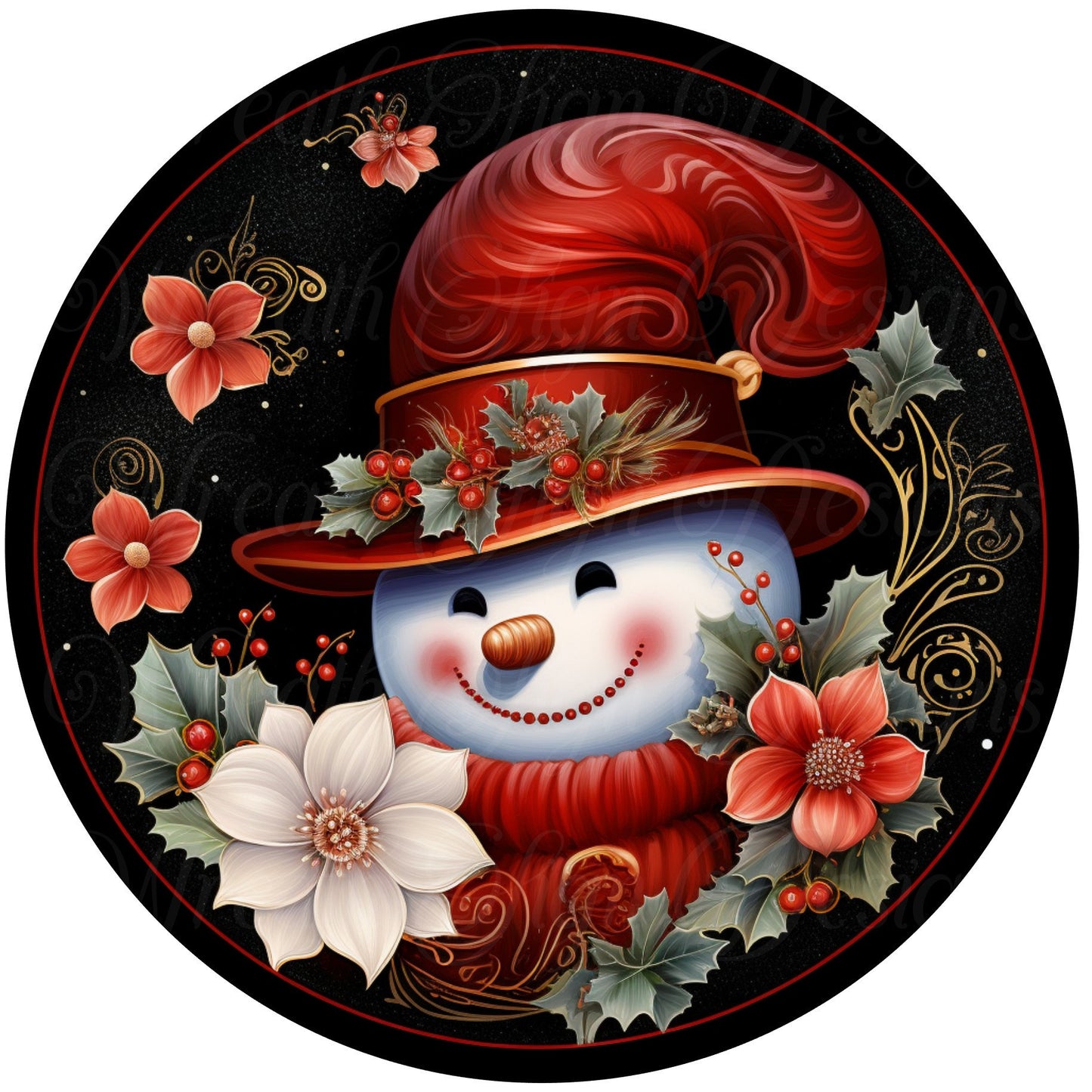 Winter Rose snowman sign, Red and black snowman Christmas, Wreath Sign, Wreath Center, Wreath Attachment,  round metal sign