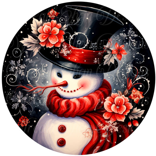 Winter Rose snowman sign, Red and black snowman Christmas, Wreath Sign, Wreath Center, Wreath Attachment,  round metal sign