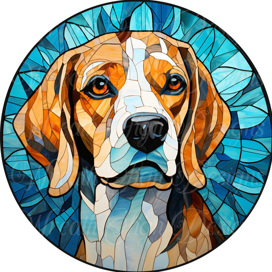 wreath sign, Beagle dog blue faux stain glass round metal wreath attachment,  metal wreath center