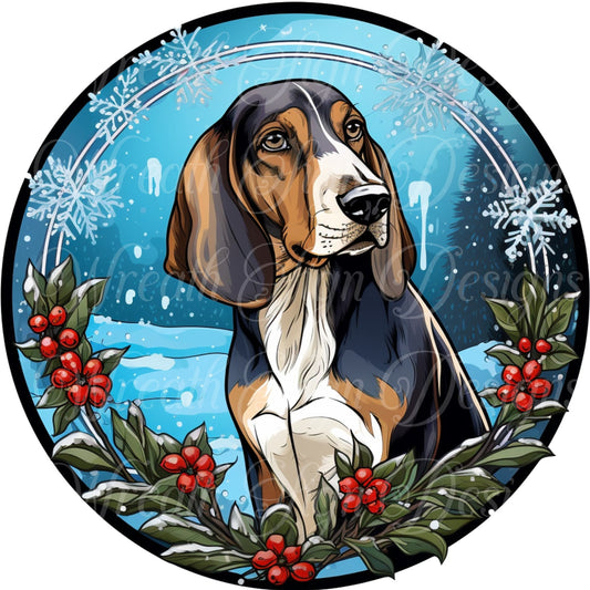 Faux stained glass dog sign, Coon dog Christmas metal sign  Round sign, Wreath attachment, Wreath center,