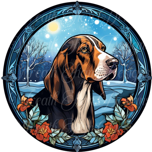 Faux stained glass dog sign, Coon dog Christmas metal sign  Round sign, Wreath attachment, Wreath center,