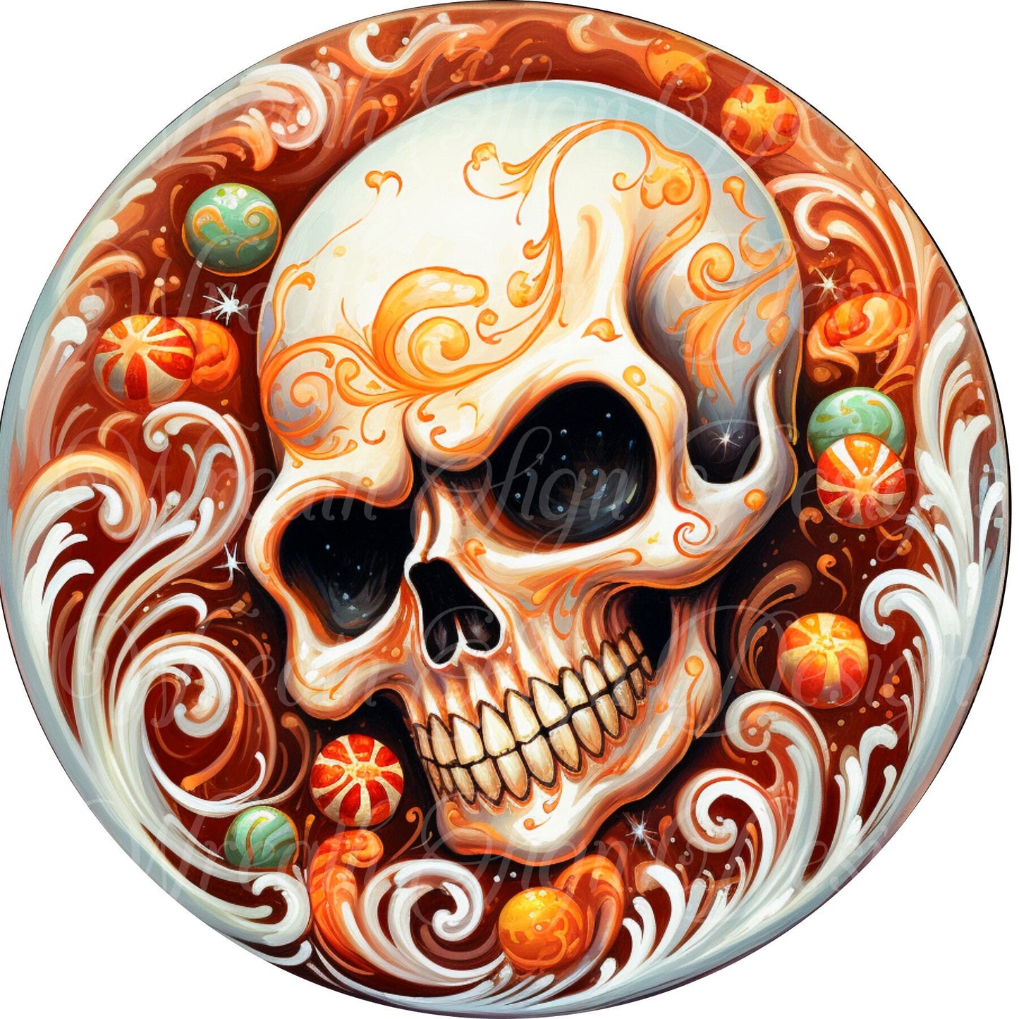 round metal sublimated wreath sign, Halloween Candy Skull, center wreath attachment, Wreath sign