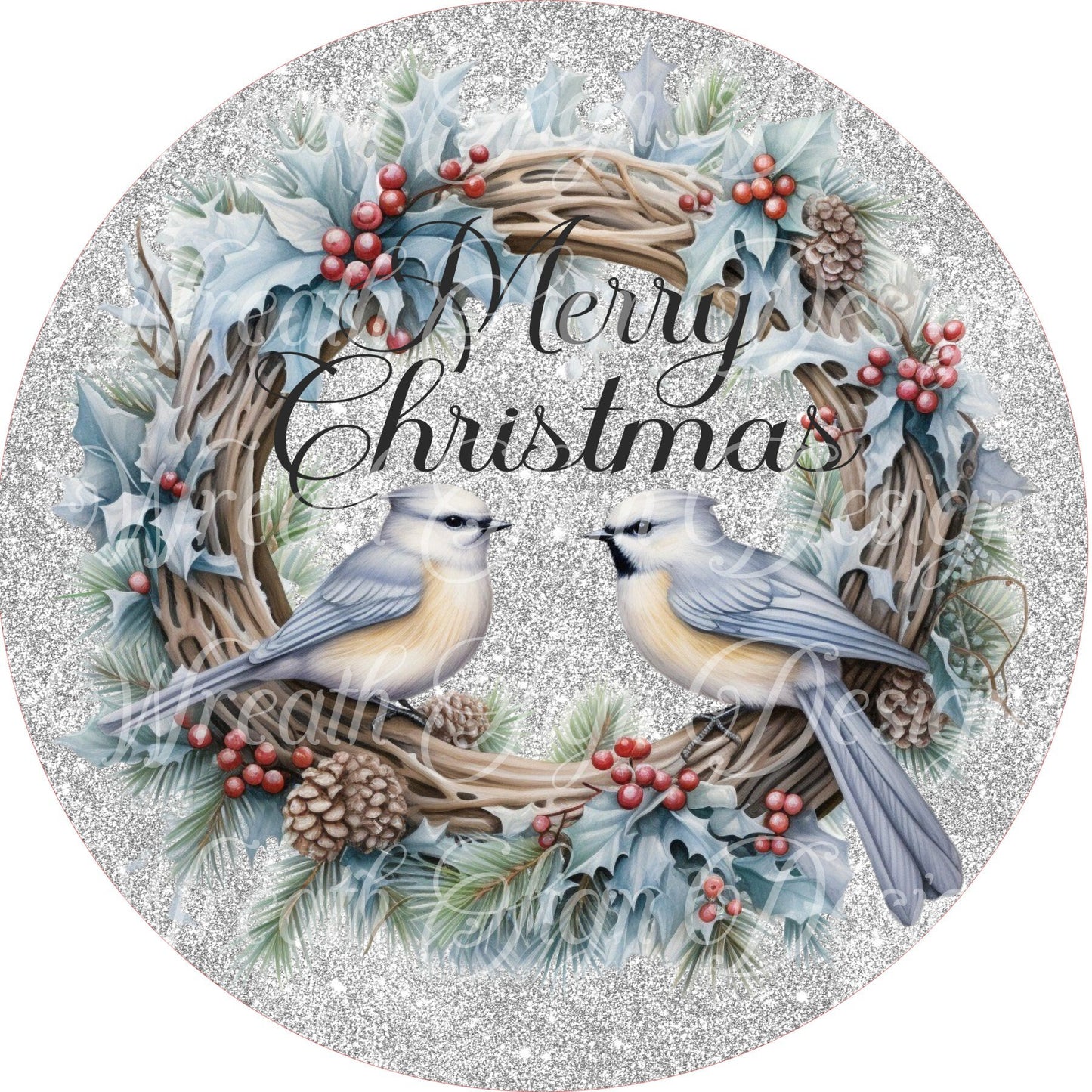 round metal sublimate wreath sign, bluebirds winter Christmas sign, blue jay winter scene, blue bird welcome winter