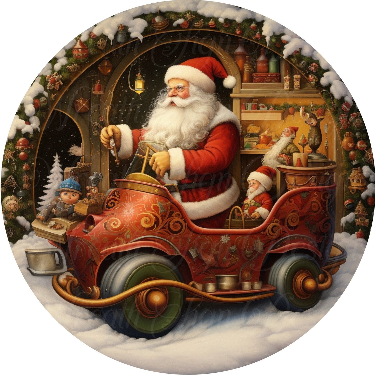 round metal sublimation wreath sign, Merry Christmas, Santa in his toy shop, Santas Workshop