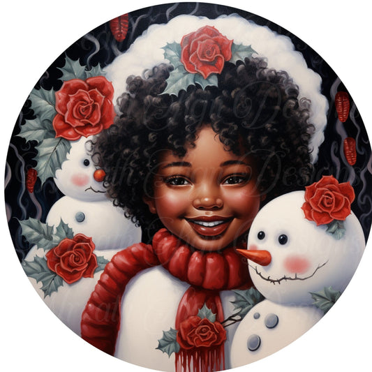 peppermint princess Christmas, Diva princess and snowman round metal wreath sign, African American, Melanin , wreath plaque