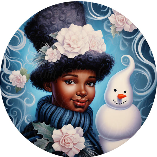 Blue Snow Prince and snowman Christmas plaque, snowman and roses round metal wreath sign, African American, Melanin , wreath plaque