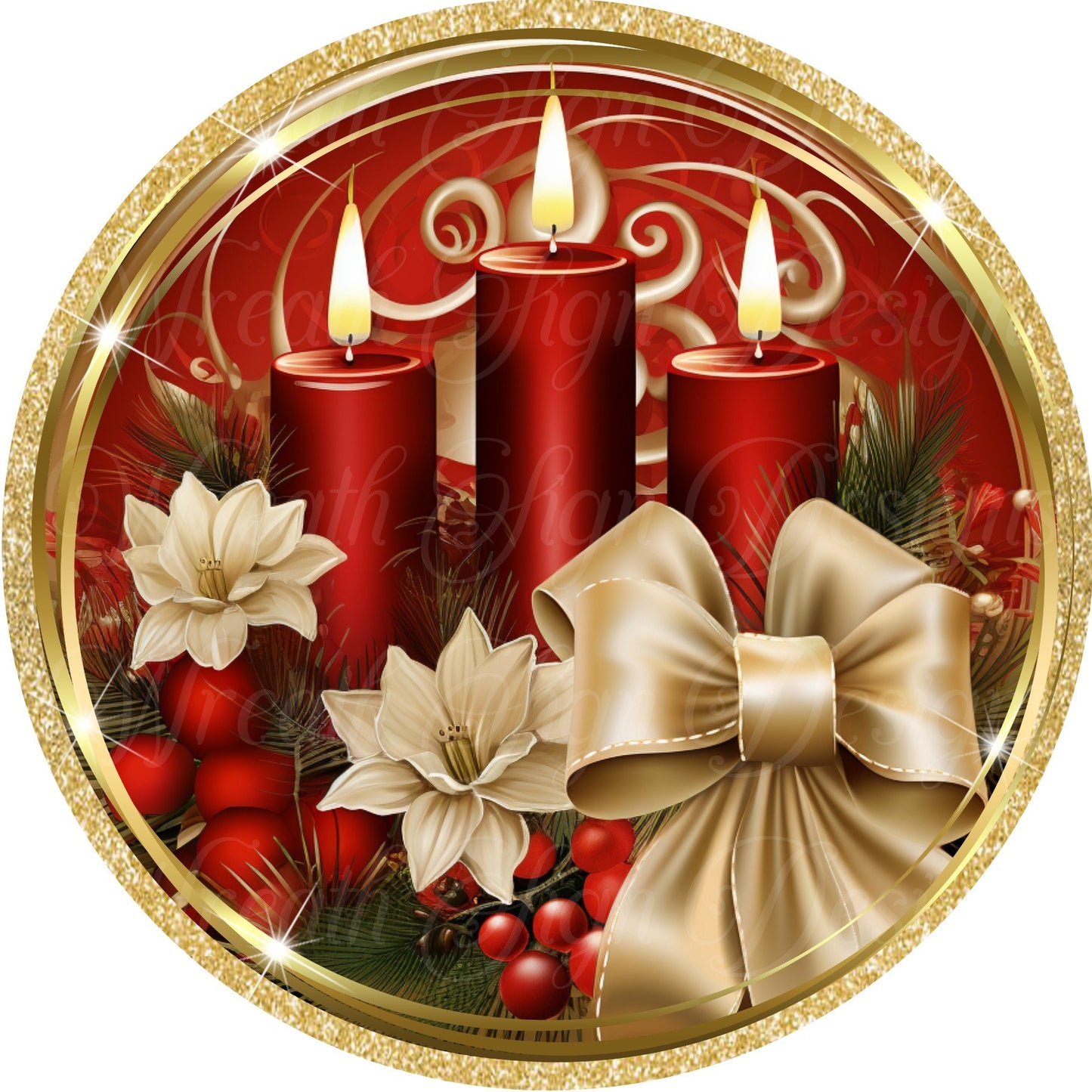 Peace on Earth Gold and Red Candles with poinsettias, Red and Gold sign, Christmas sign. round metal sublimation wreath sign, wreath center