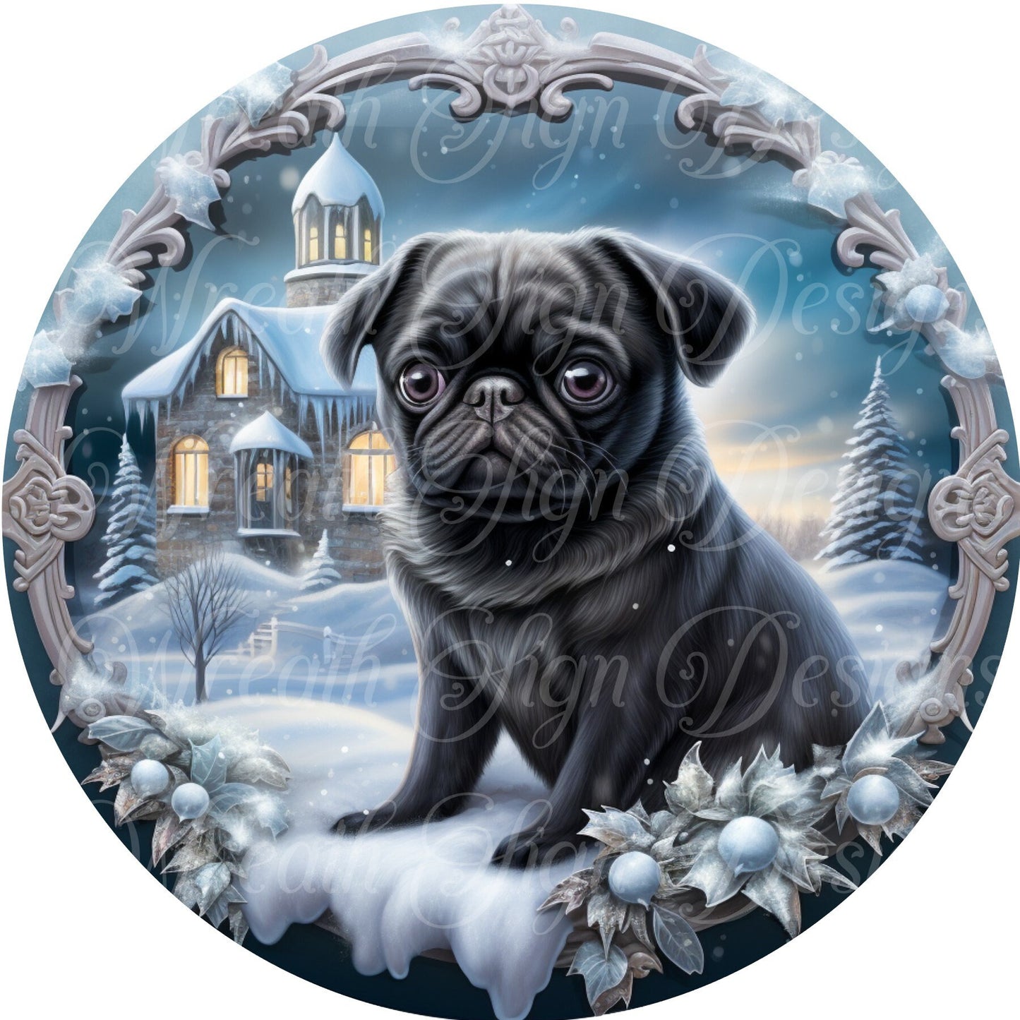 Christmas pug dog sign, winter pug dog sign,  Round sign, Wreath attachment, Wreath center, sublimated metal