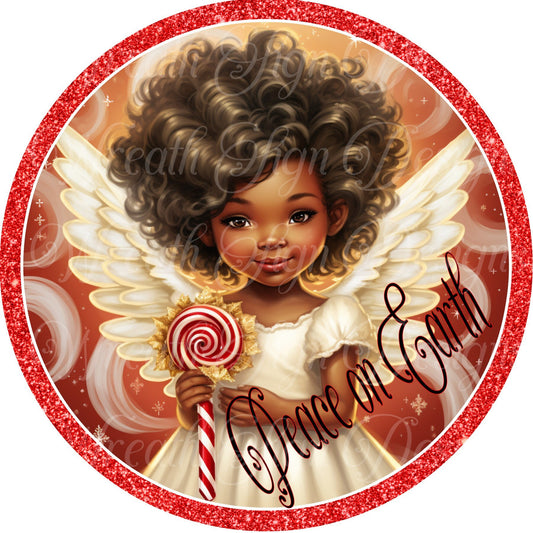 round metal sublimation wreath sign, Christmas, Peppermint Candy African American, Black  Angel, Melanin angel