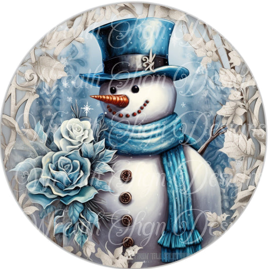 Blue Snowman and roses round metal wreath sign, Christmas sign, Winter Holiday wreath plaque, Wreath sign