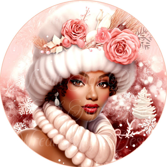 Pink Christmas, Diva Queen round metal wreath sign, African American strong black woman , wreath attachment, plaque