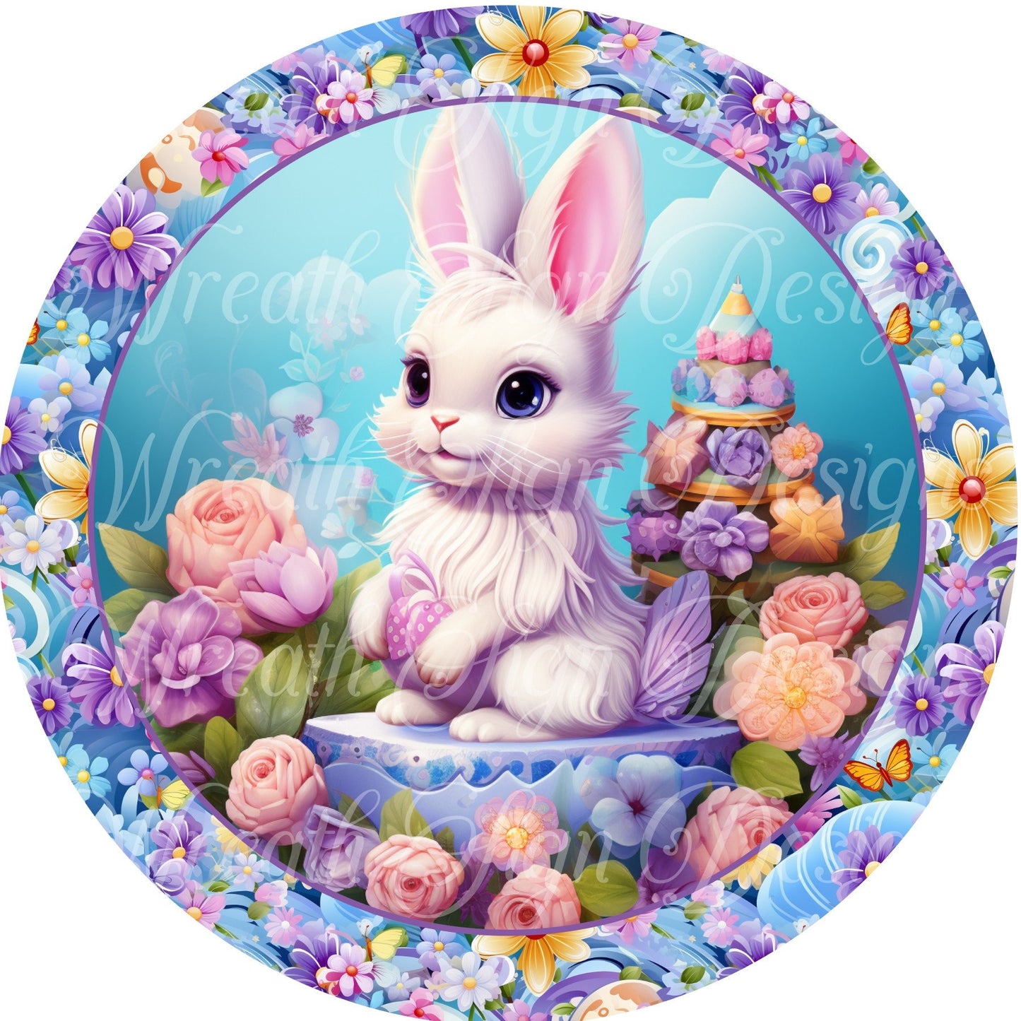 Easter Rabbit, Easter Bunny, Spring, Easter Eggs and Flowers, Round metal sublimated wreath sign