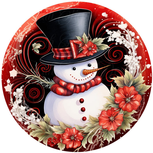 winter snowman, round metal wreath sign, red and black romantic snowman, Christmas Holiday sign
