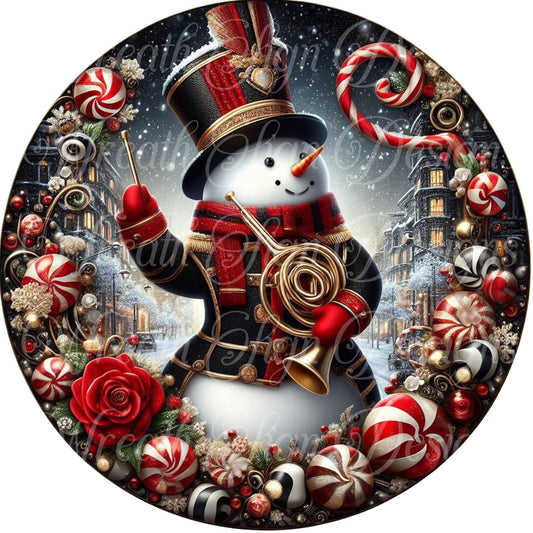 Marching Band Winter snowman sign, musical snowman wreath sign, Roses and Peppermints, Red and White snowman metal wreath sign, center,