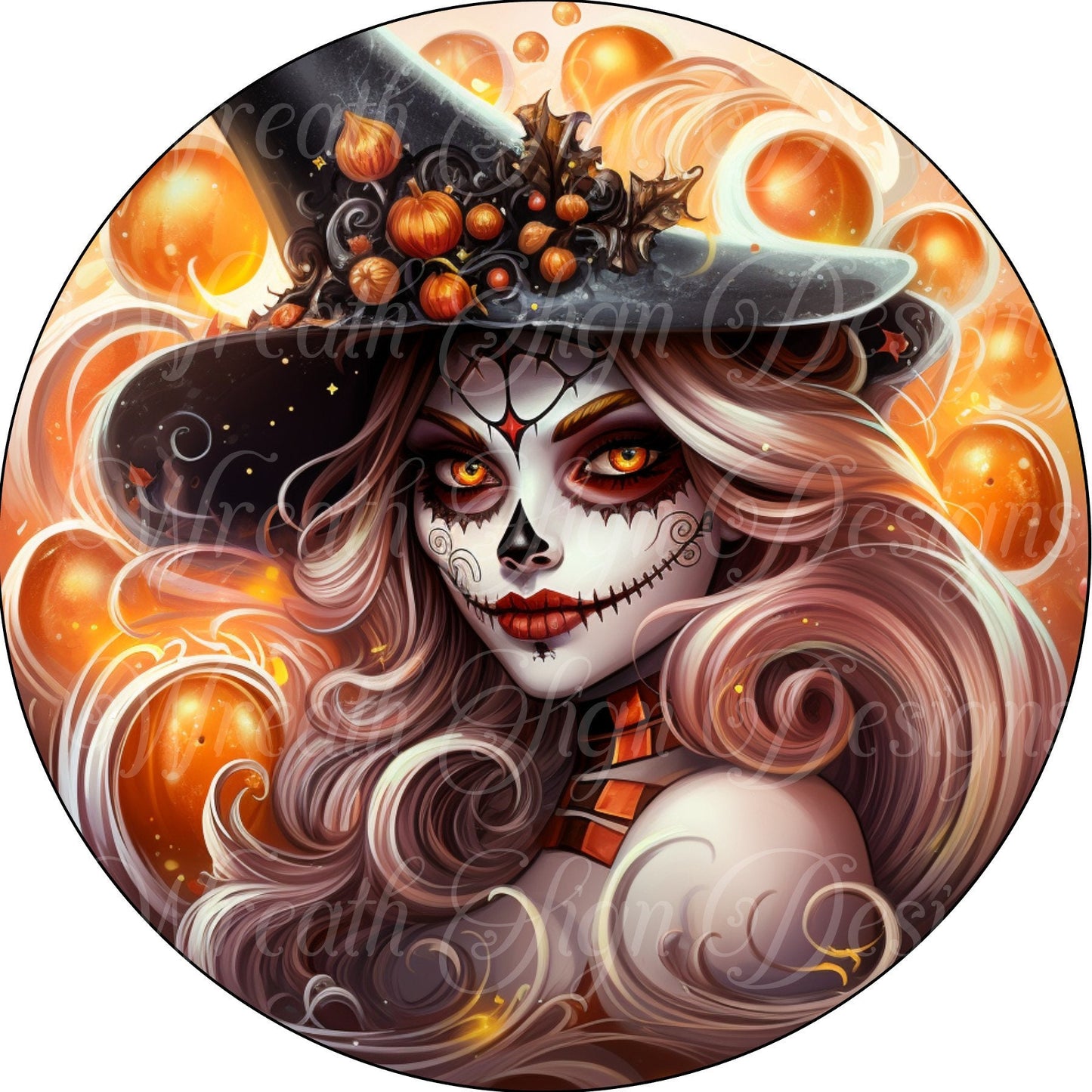 Sugar Skull Witch Halloween round metal wreath sign. Orange and Black witch Sign, Wreath center, Gothic wreath sign