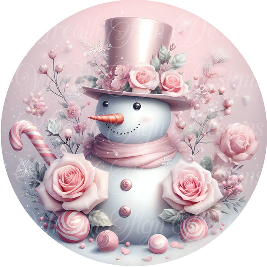 Pink Christmas snowman sign winter sign, Pink Christmas, Wreath Sign, Wreath Center, Wreath Attachment,  round metal sign