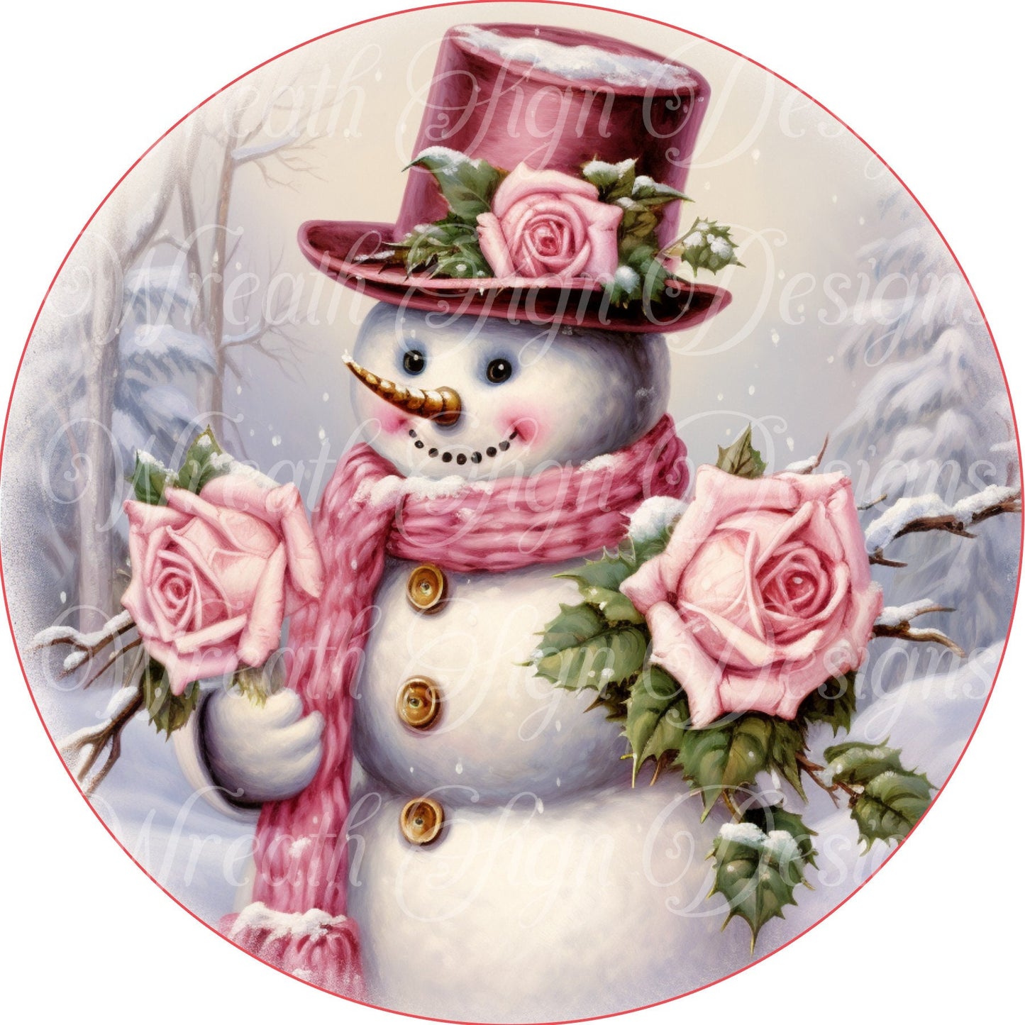 Pink Christmas snowman sign with winter roses sign, Pink Christmas, Wreath Sign, Wreath Center, Wreath Attachment,  round metal sign