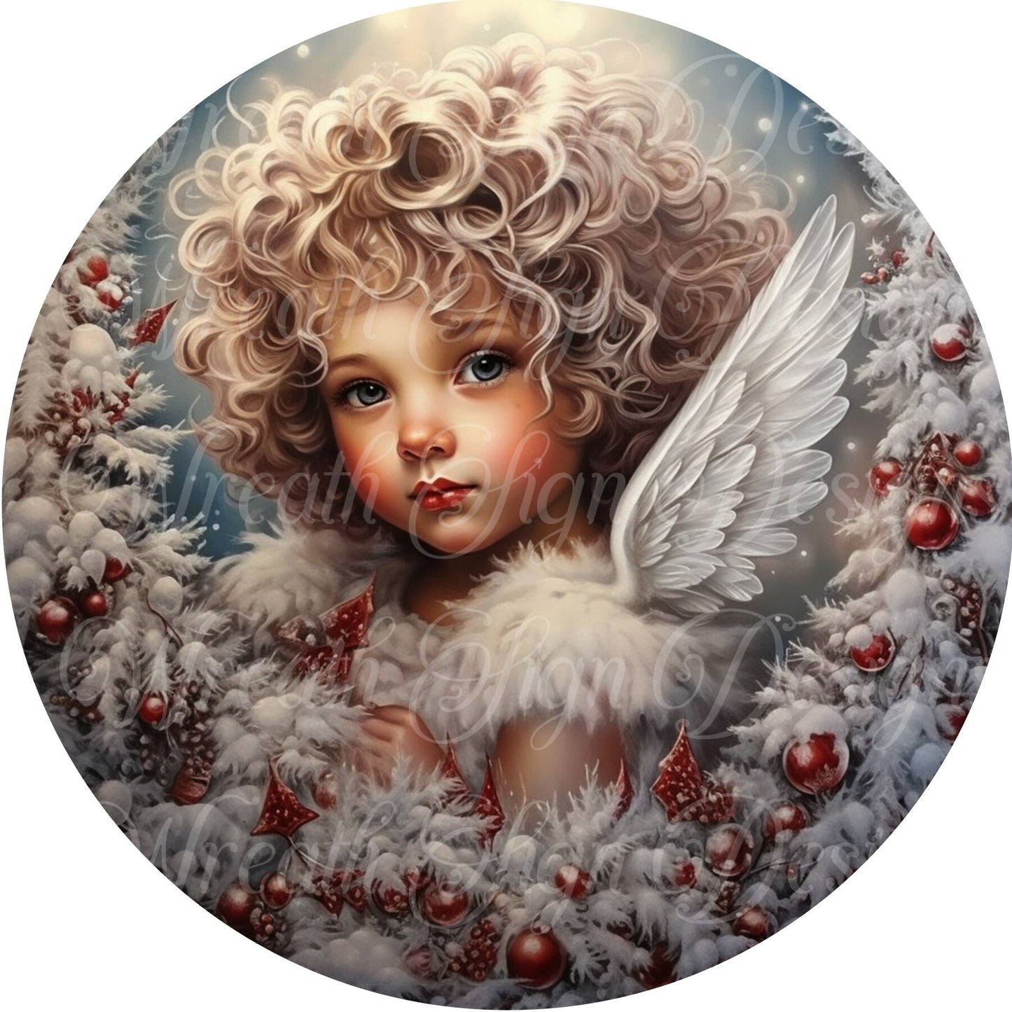 round metal sublimation wreath sign, Christmas praying Angel,  Winter Holiday sign, wreath attachment. wreath center