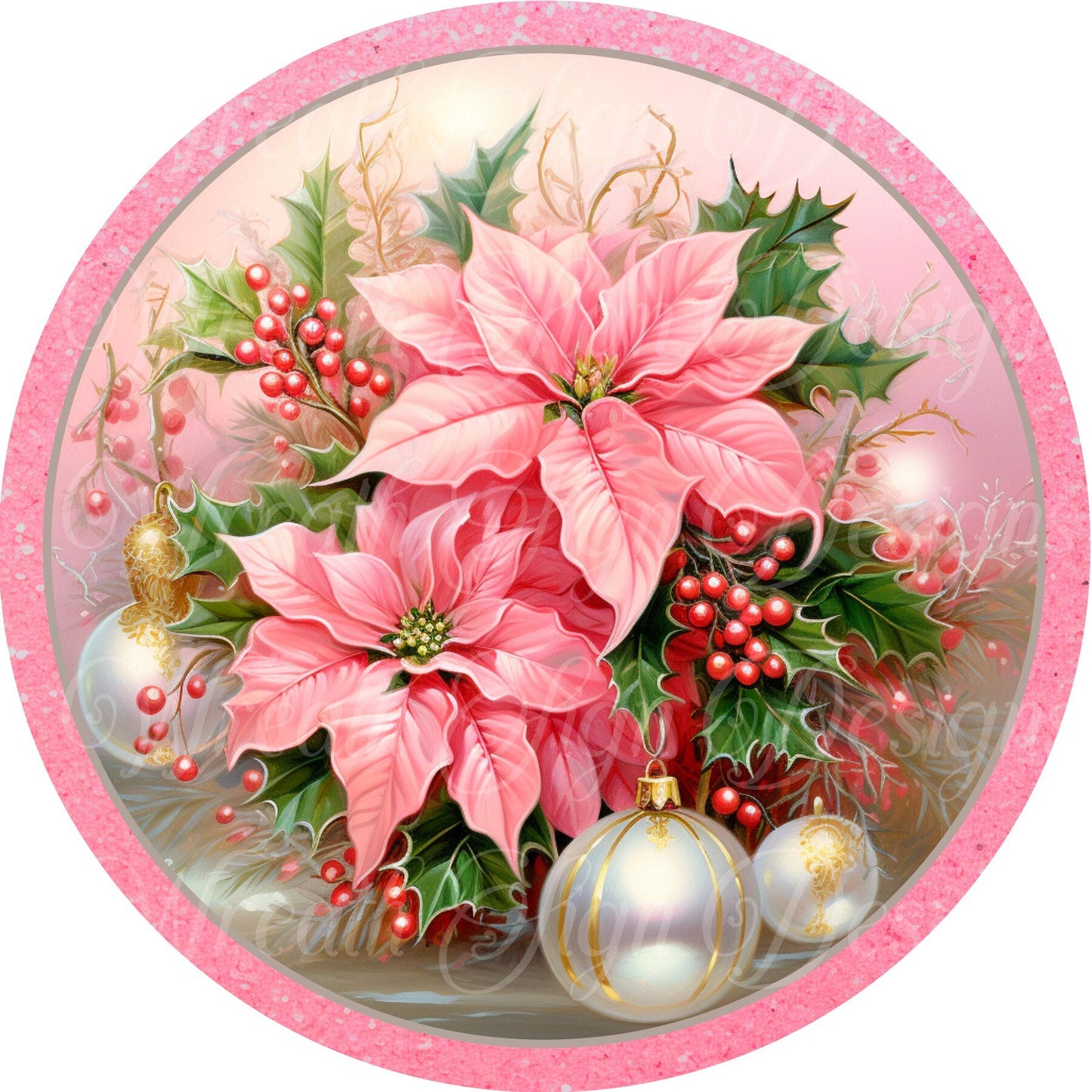 Pink Poinsettia and White Christmas ornaments. Round metal wreath sign. Wreath Plaque