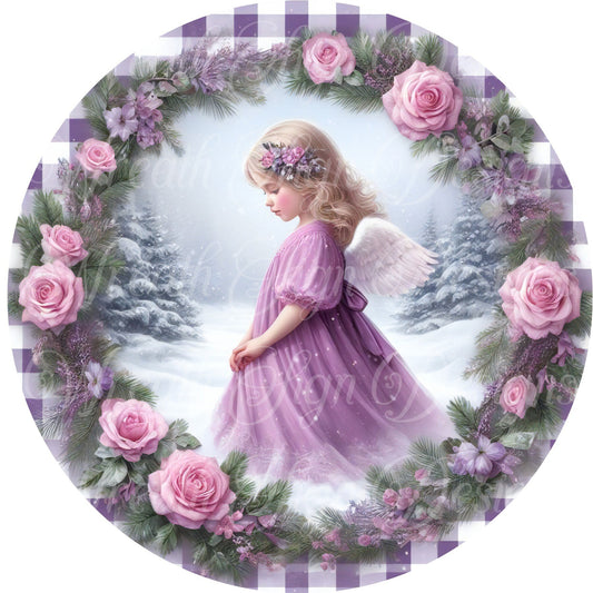 lavender and Pink Angel, Merry Christmas, Round metal wreath sign, Pink rose Angel