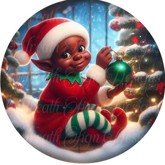 wreath sign, African American. Black Santa&#39;s elf round metal sign,  wreath sign, Christmas wreath attachment, plaque