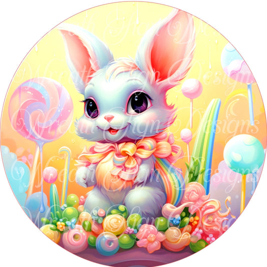 Rainbow Easter Rabbit, Easter Bunny, Spring, Easter Eggs and Flowers, Round metal sublimated wreath sign