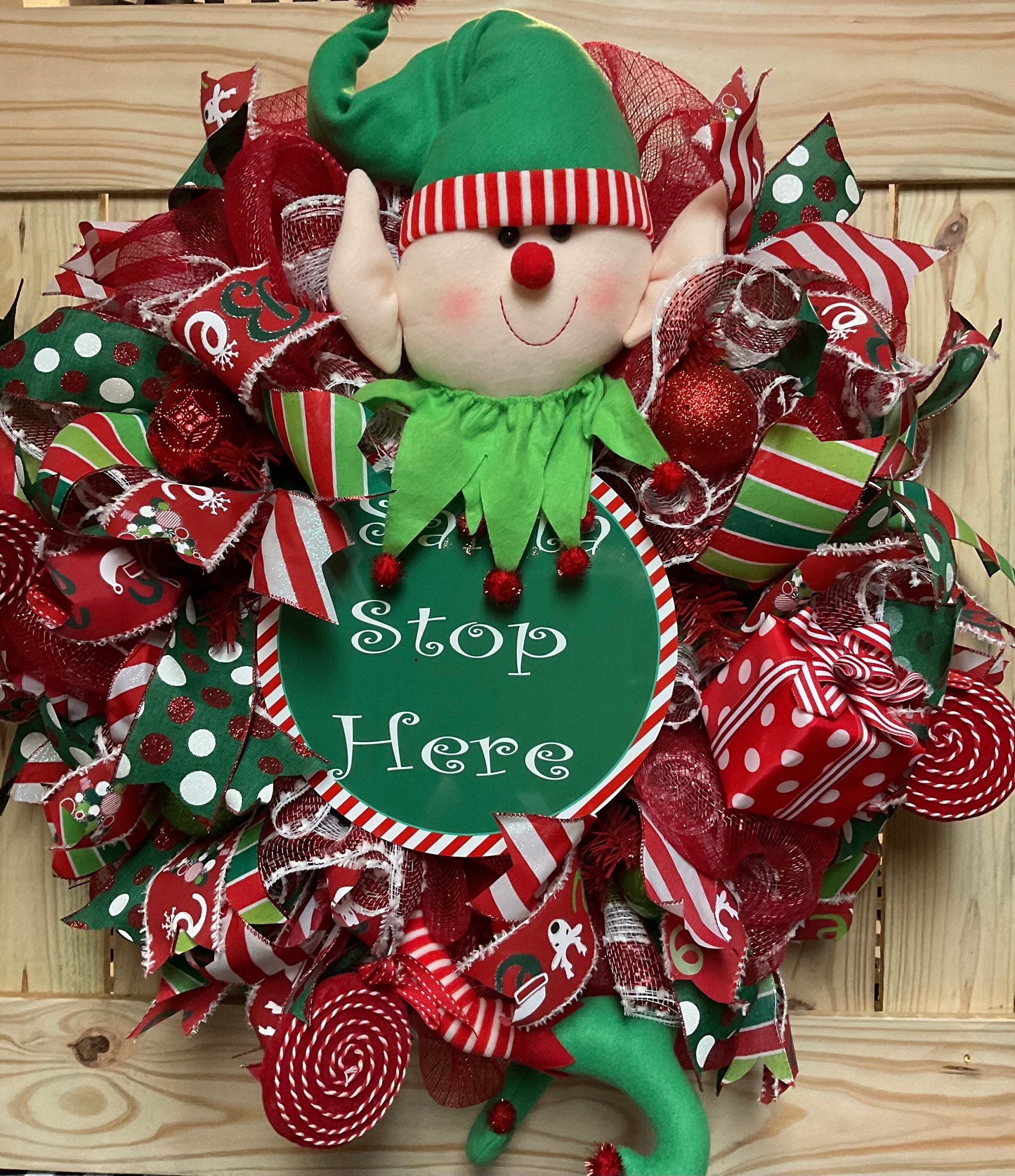 Whimsical Santa's helper elf wreath, Christmas door decor,peppermint wreath, red and green Christmas wreath
