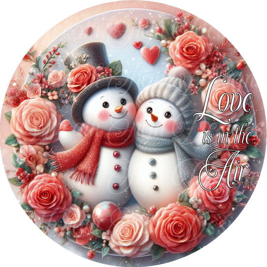 Snowman couple in the woods wreath sign, Roses, Love. Valentine&#39;s Day snowman metal wreath sign, attachment, plaque, center