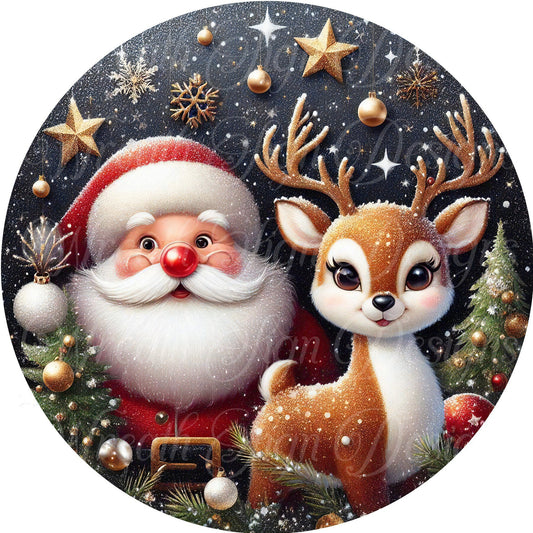 Santa Claus and his reindeer round metal wreath sign, Kris Kringle, Reindeer wreath sign, wreath center, wreath plaque, Merry Christmas Sign