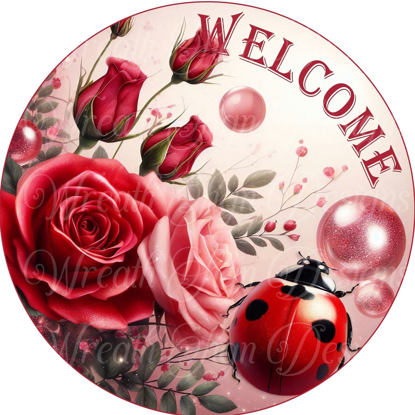 Ladybug metal wreath sign, summer ladybug door decor, door sign, welcome sign, springtime ladybug and roses wreath plaque, center,