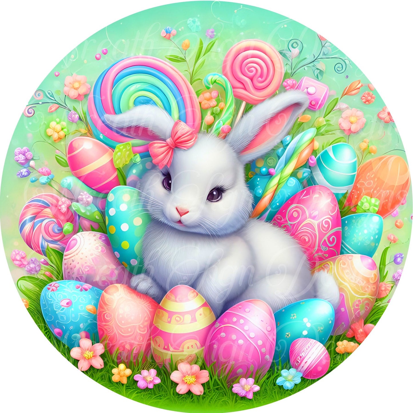 Rainbow Easter Rabbit, Easter Bunny, Spring, Easter Eggs and Flowers, Round metal sublimated wreath sign