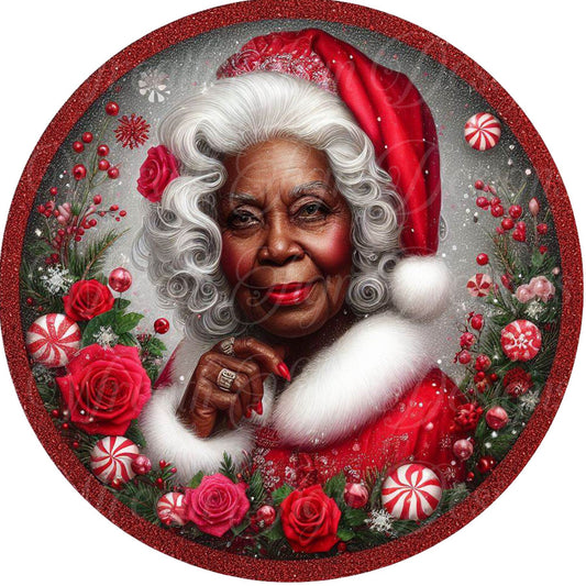 Merry Christmas, African American, Black, Melanin, Mrs. Claus, Santa, Holiday Sign round metal wreath sign, Wreath plaque