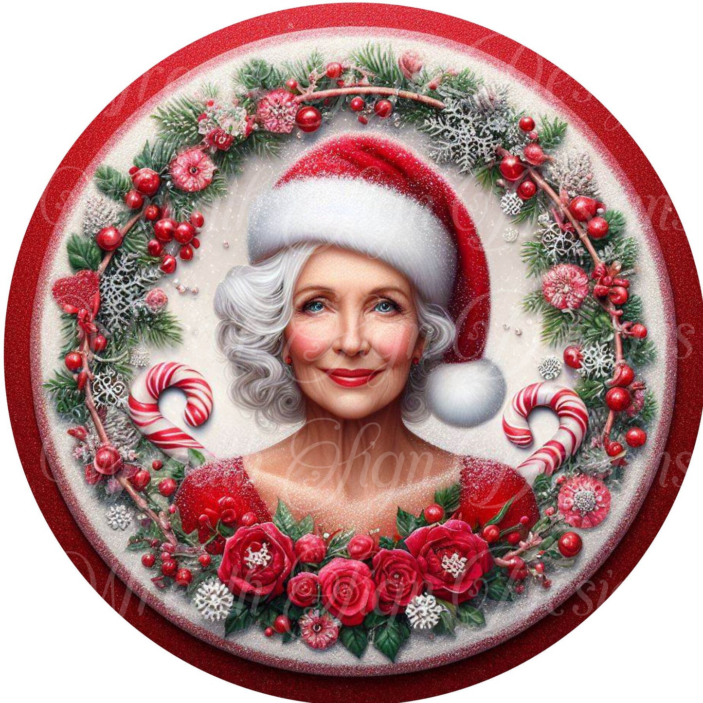 Merry Christmas, Mrs. Claus, Santa, Holiday Sign round metal wreath sign, Wreath plaque