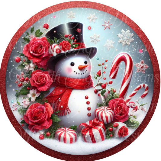 Winter Rose and Peppermint snowman sign, Red and white snowman Christmas, Wreath Sign, Wreath Center, Wreath Attachment,  round metal sign