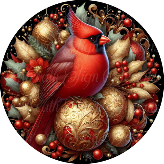 Christmas Cardinal Round metal sign, Holiday Cardinal wreath center, Red bird and Christmas ornaments wreath center, plaque, attachment