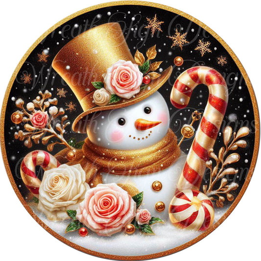 Gold Christmas snowman sign winter sign, Gold Christmas, Wreath Sign, Wreath Center, Wreath Attachment,  round metal sign
