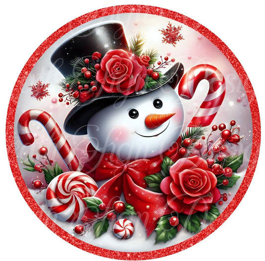 Winter Rose and Peppermint snowman sign, Red and white snowman Christmas, Wreath Sign, Wreath Center, Wreath Attachment,  round metal sign