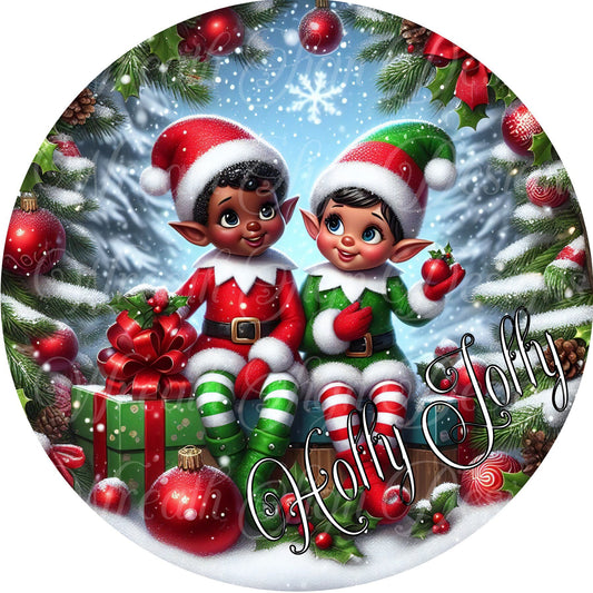 Holly Jolly Christmas Elves wreath sign, elf sign, African American Elf, wreath sign, center, attachment, plaque