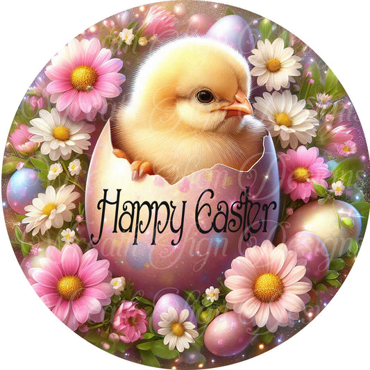 Round metal wreath sign, Easter, Baby Chick, chicken. Hello Springtime spring wreath  sign